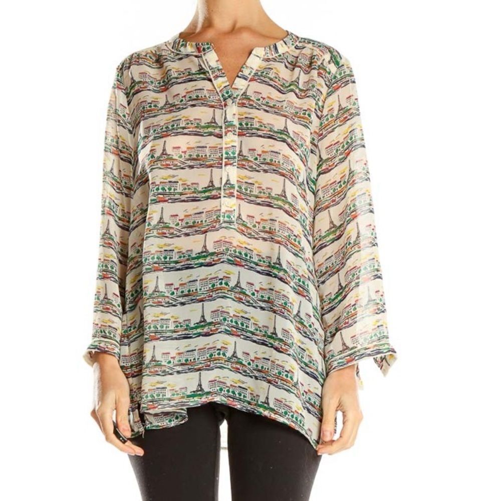 BR L Paris City Scapes Quarter Sleeve Six Button Front Sheer Casual Blouse